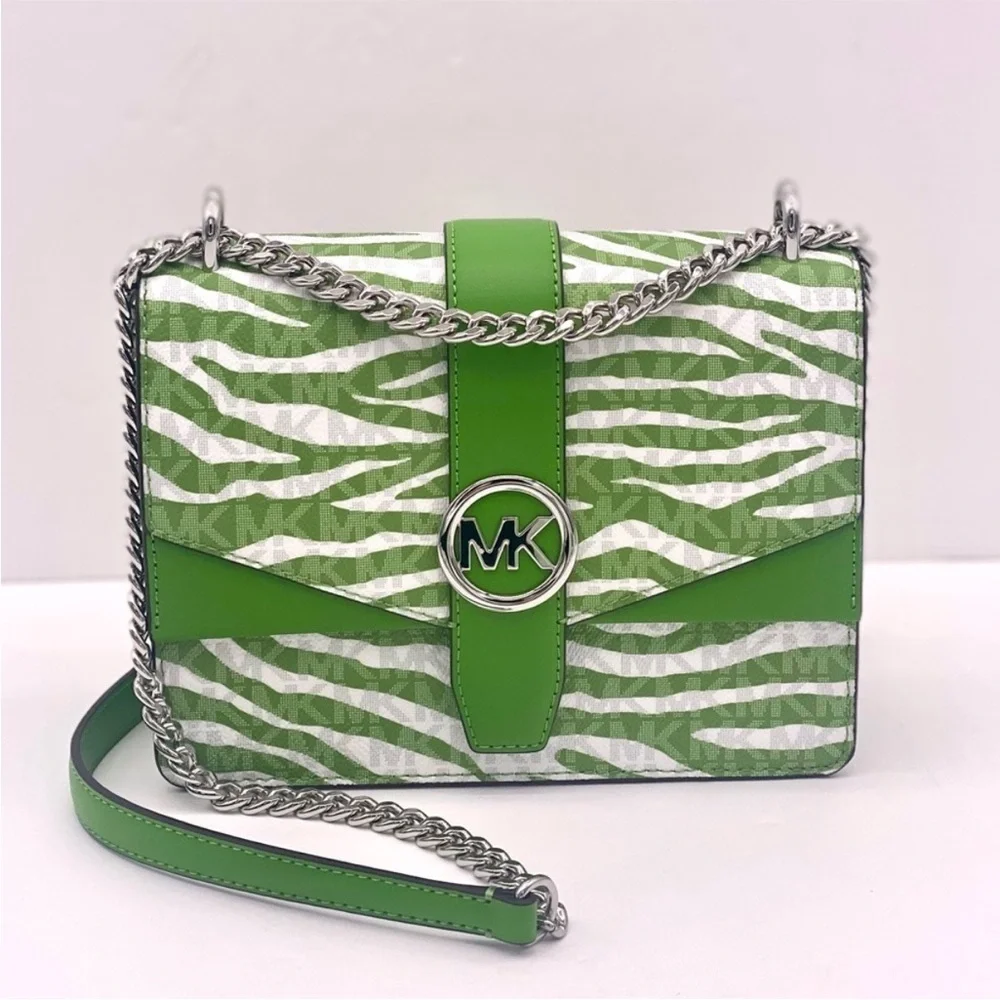 Michael Kors Green Zebra Crossbody Bag with Silver Chain